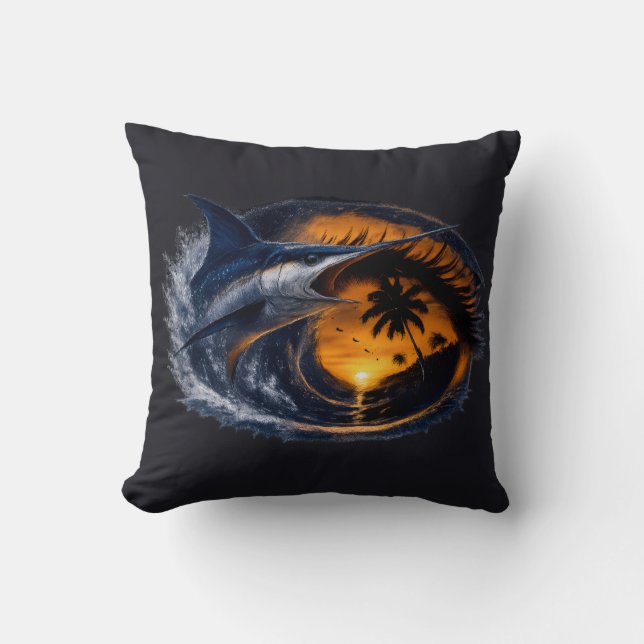 Coussin Espadon Sunset Wave – Art océanique tropical surré (Recto)
