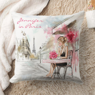 Coussin Esquisse d'aquarelle de Paris avec Café pour femme