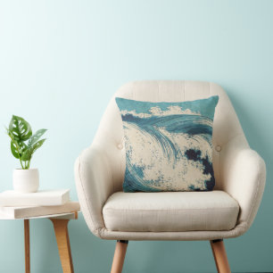 Coussin Estampe antique japonaise sur bois Vagues bleues d
