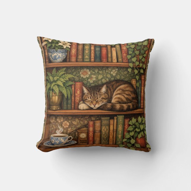 Coussin Étagère vintage avec chat et café (Recto)