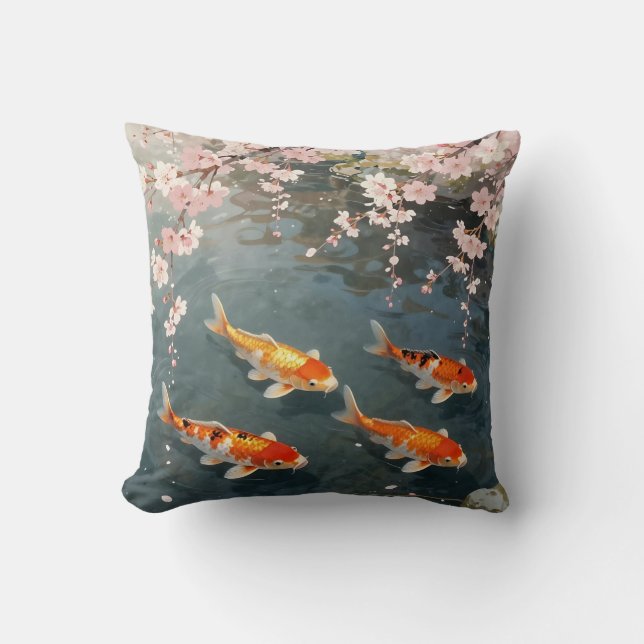 Coussin Étang de carpes à fleurs de cerisier Sérénité (Recto)