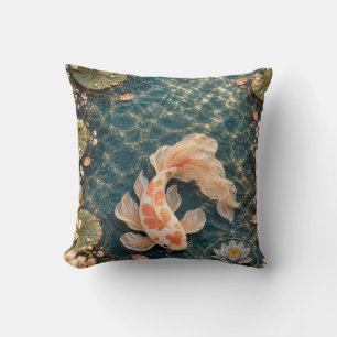 Coussin Étang de nénuphars sarcelle aux carpes koï à l'abr