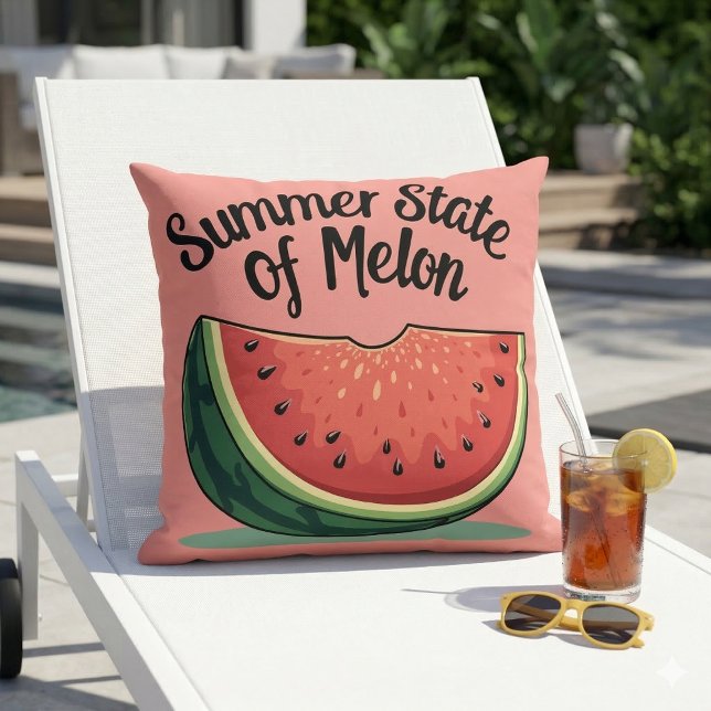 Coussin État d'été de l'art rétro de fruit de melon (Summer State of Melon Retro Fruit Art Throw Pillow In Poolside Chair)