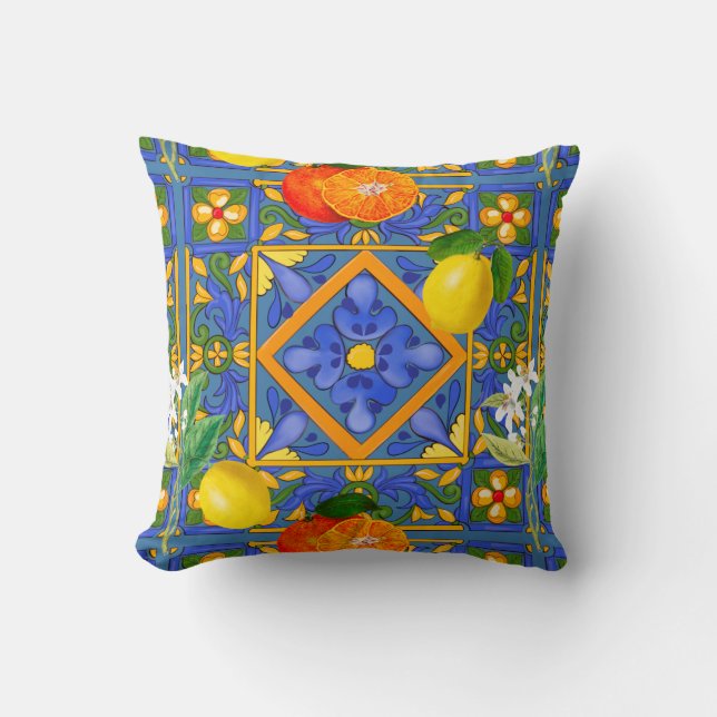 Coussin Été, Carreaux siciliens, agrumes, oranges, majolic (Recto)
