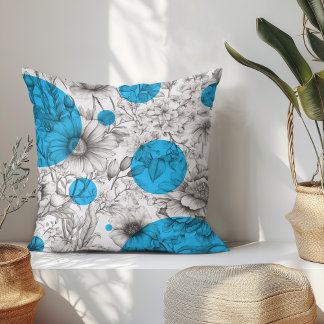 Coussin Été Floral décoratif Cyan Blue Retro Peonies