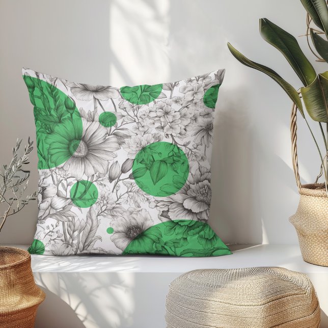 Coussin Été Floral décoratif Kelly Green Retro Peonies (Modern floral throw pillow with black and white sketch flowers and kelly green retro circles.)