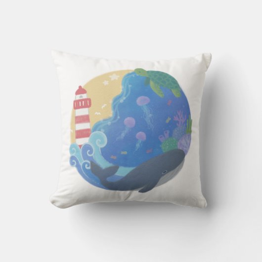 Coussin Été Ocean Whale Turtle & Lighthouse (Recto)