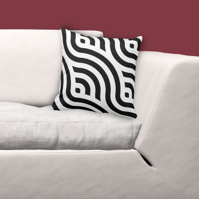 Coussin Ethnic White Wave Motif Black (Regular White Wave Pattern Black Throw Pillow, custom color possible)