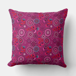 Coussin Ethnique folk abstrait motif floral rétro cramson
