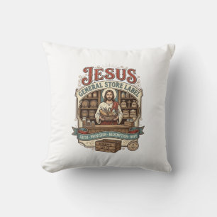 Coussin étiquette de magasin général Jésus Magasin général