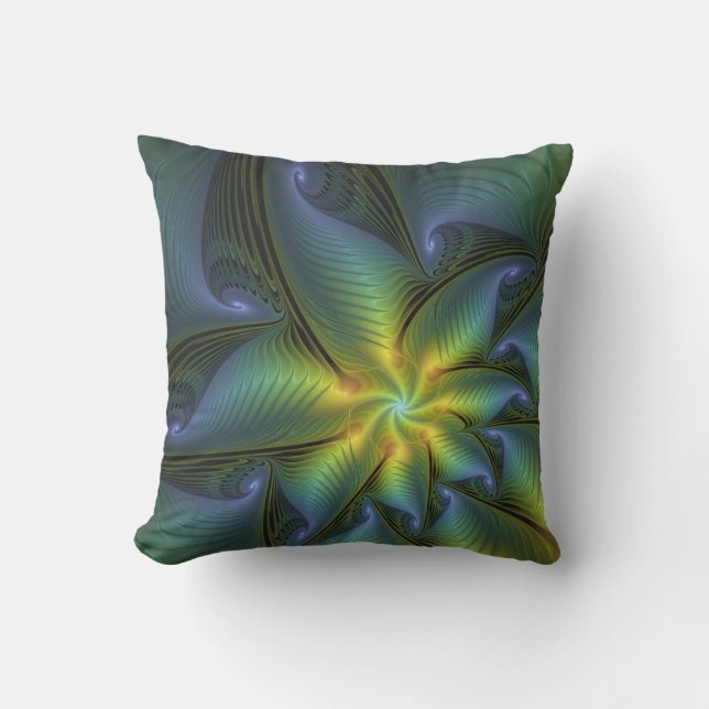 Coussin Étoile abstraite, art fractal doré bleu vert brill (Recto)