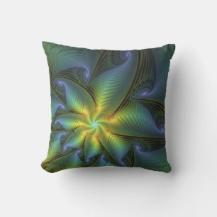 Coussin Etoile Abstraite, Bleu brillant Vert Or Fractal Ar
