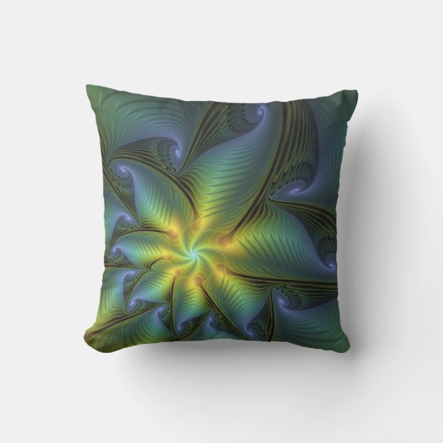 Coussin Etoile Abstraite, Bleu brillant Vert Or Fractal Ar (Recto)