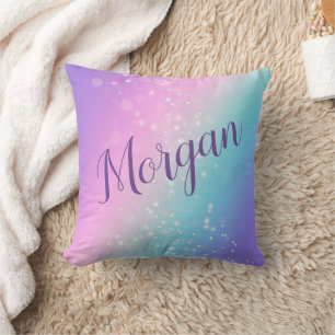 Coussin Étoile Bokeh Violet et Bleu de Luxe, Nom ou Monogr