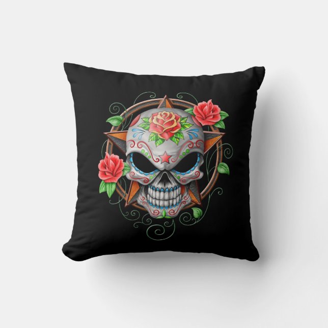 Coussin Étoile de crâne de sucre, noire (Recto)