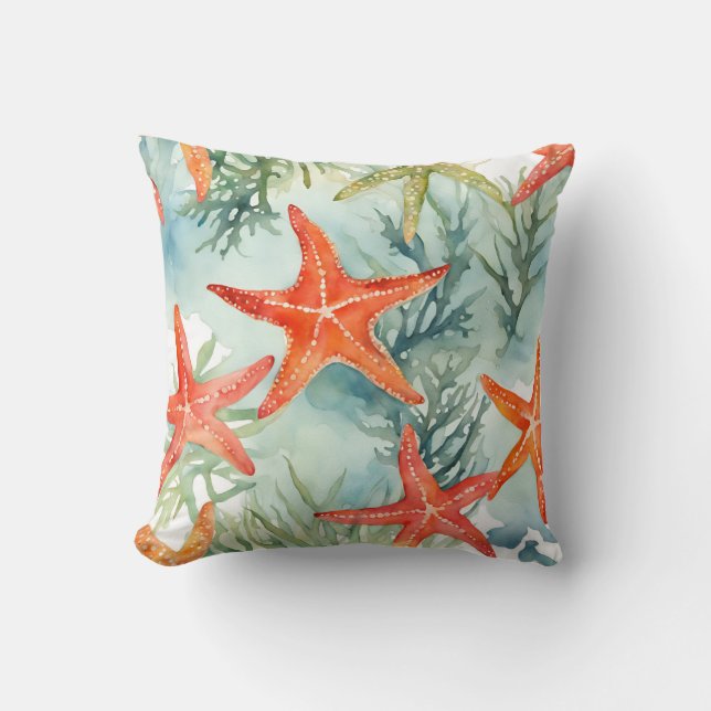 Coussin Étoile de mer aquarelle océan côtier (Recto)
