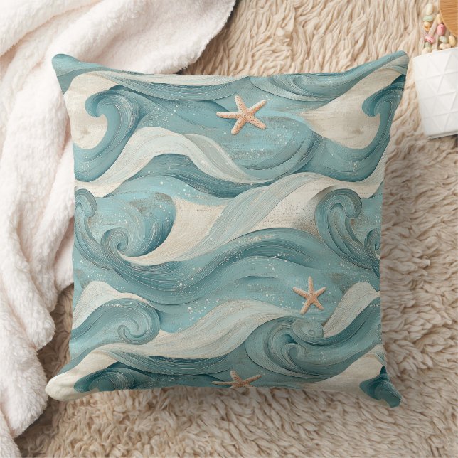 Coussin Étoile de mer côtière sur motif de vagues de sable (Couverture)