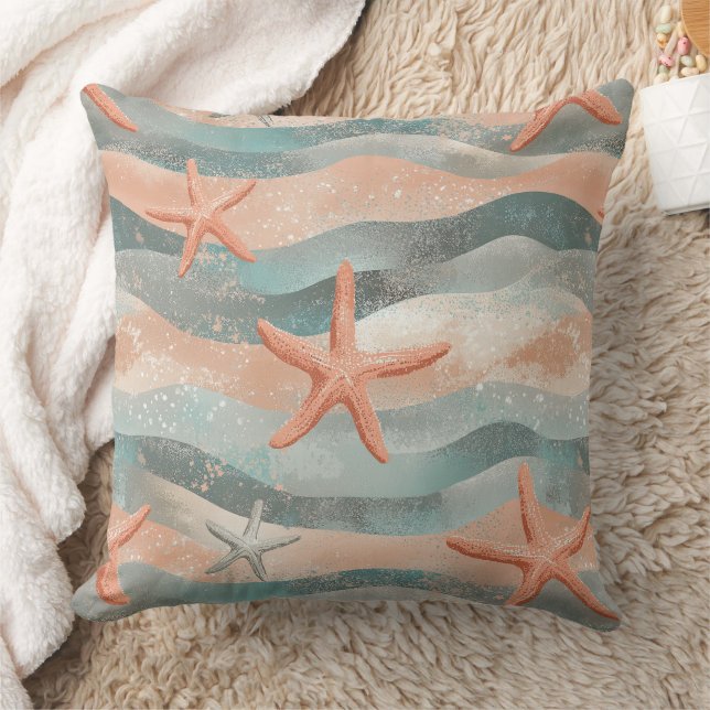 Coussin Étoile de mer côtière sur motif de vagues de sable (Couverture)