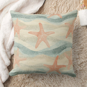 Coussin Étoile de mer côtière sur motif de vagues de sable