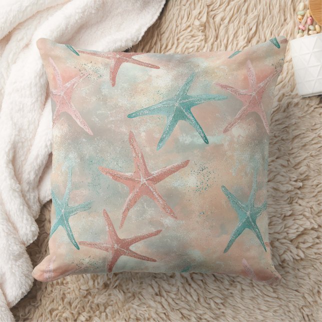 Coussin Étoile de mer côtière sur motif de vagues de sable (Couverture)