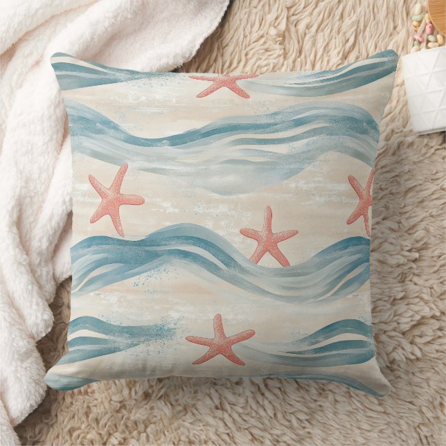 Coussin Étoile de mer côtière sur motif de vagues de sable (Couverture)