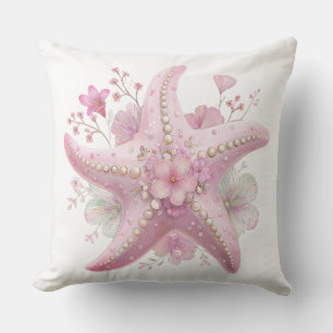 COUSSIN ETOILE DE MER ET FLEURS ROSE PASTEL ÉTÉ