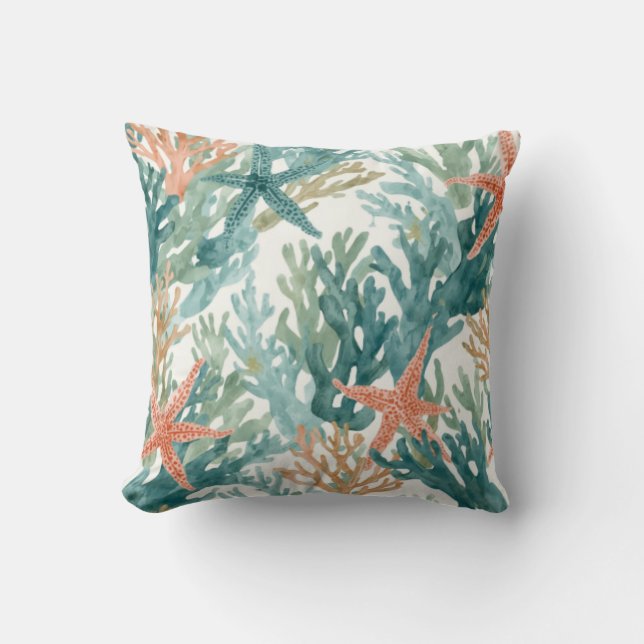 Coussin Étoile de mer Océan Corail Faune marine Sarcelle O (Recto)