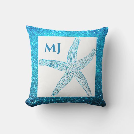 Coussin Étoile de mer Pailletée Bleu Turquoise Monogramme  (Recto)