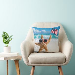 Coussin Étoile de mer patriotique brandissant le drapeau a