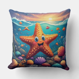 Coussin Étoile de mer souriante mignonne sur la plage