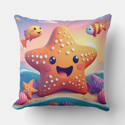 Coussin Étoile de mer souriante mignonne sur la plage (Recto)