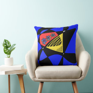 Coussin Étoiles Abstraites Et Rayures Rouge Jaune Bleu Noi
