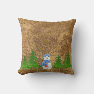 Coussin étoiles d'or brillant, bonhomme de neige et arbre