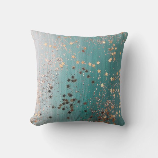 Coussin Étoiles d'or chatoyantes sur Turquoise  (Recto)