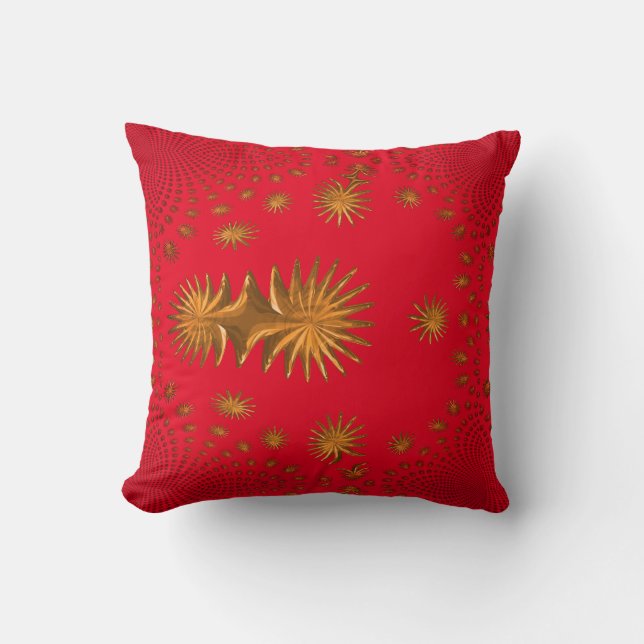 Coussin étoiles d'or fractal, arrière - plan rouge (Recto)