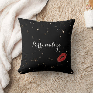 Coussin Étoiles Dorées Glamour avec Baiser de Rouge à Lèvr