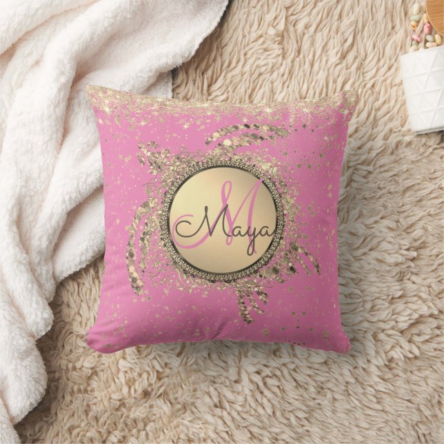 Coussin Étoiles Monogrammes de tortue sur rose Personnalis (Couverture)