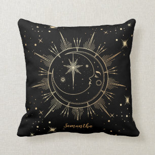 Coussin Étoiles solaires célestes de Black and Gold Moon