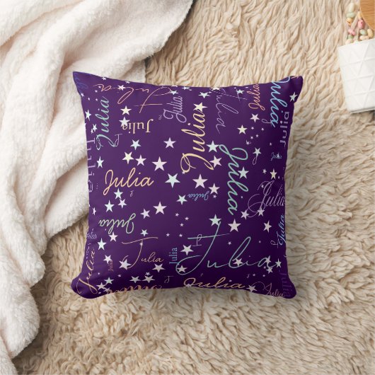 Coussin Étoiles sur violet répétant son nom (Couverture)