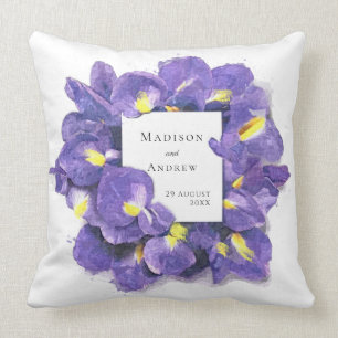 Coussin Étonnant violet Irises Aquarelle Floral Mariage