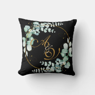 Coussin Eucalyptus et or sur mariage personnalisé noir
