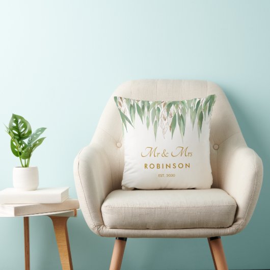 Coussin Eucalyptus Gold Script Mr et Mme Mariage Don Thr (Chaise)