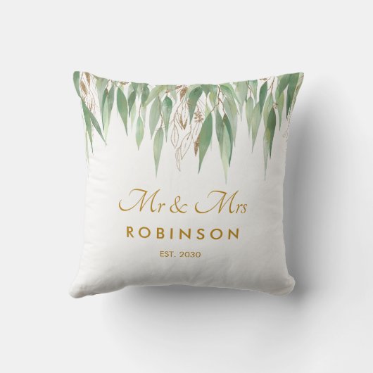 Coussin Eucalyptus Gold Script Mr et Mme Mariage Don Thr (Verso)
