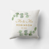 Coussin Eucalyptus Gold Script Mr et Mme Mariage Gift (Verso)