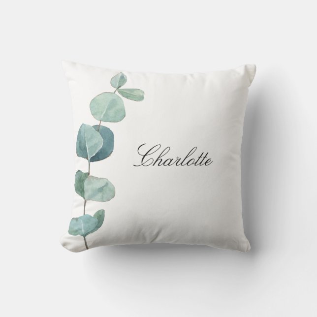 Coussin Eucalyptus nom vert script blanc (Recto)