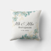 Coussin Eucalyptus turquoise et or Newlyweds Script élégan (Verso)