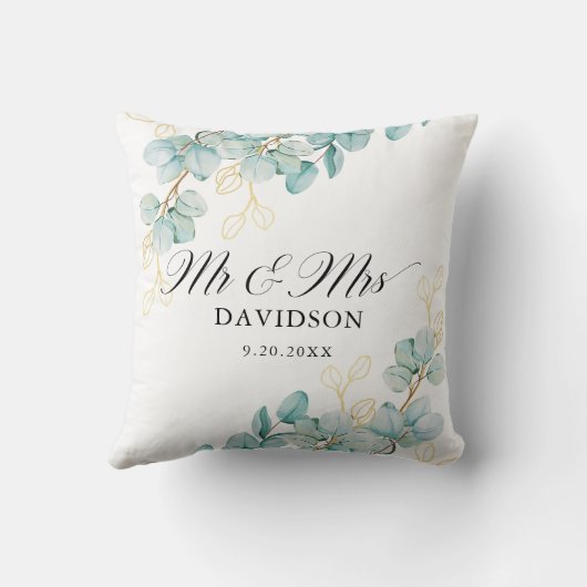 Coussin Eucalyptus turquoise et or Newlyweds Script élégan (Verso)