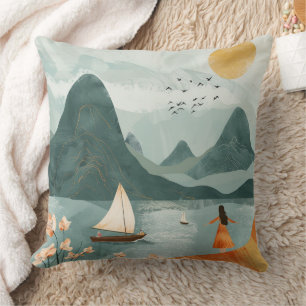 Coussin Évasion Romantique de Montagne au Lac Sarcelle sou