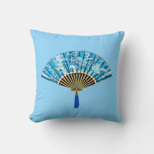 Coussin Éventail japonais en bleu turquoise et blanc