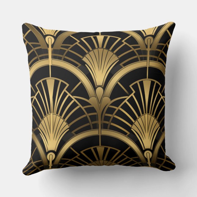 Coussin Éventails Gatsby - Noir et Or Art Déco (Verso)